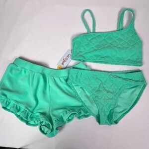Cat & Jack Girls Mint Green 3pc Swimsuit Set XL 14 Bikini Shorts Cover NWT